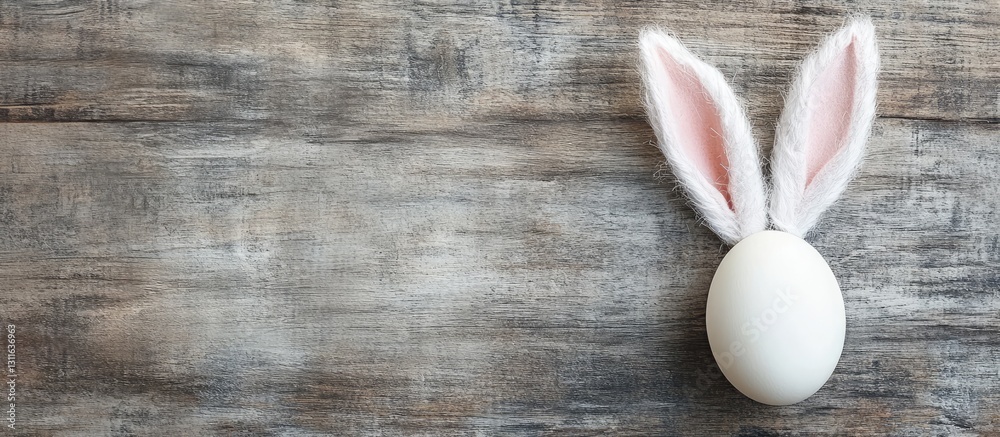 Easter bunny ears with pink inner lining positioned left of a white egg on a rustic wooden background with ample copy space on the right
