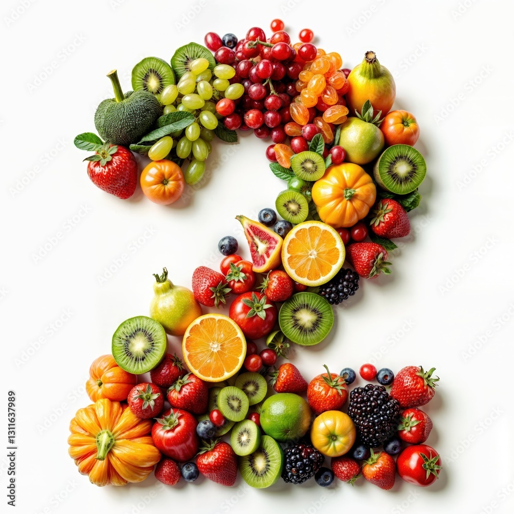 Number two crafted from an assortment of fresh fruits and vegetables, bright and energetic food arrangement, healthy eating celebration, organic produce, colorful and balanced composition, full shot, Number two crafted from an assortment of fresh fruits and vegetables, bright and energetic food arrangement, healthy eating celebration, organic produce, colorful and balanced composition, full shot,