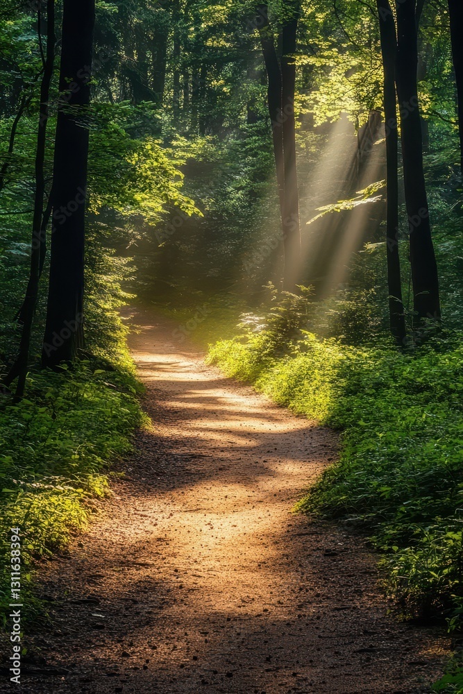 Obraz premium Dirt path winding through a sunlit forest, inviting exploration and adventure amidst nature's beauty.
