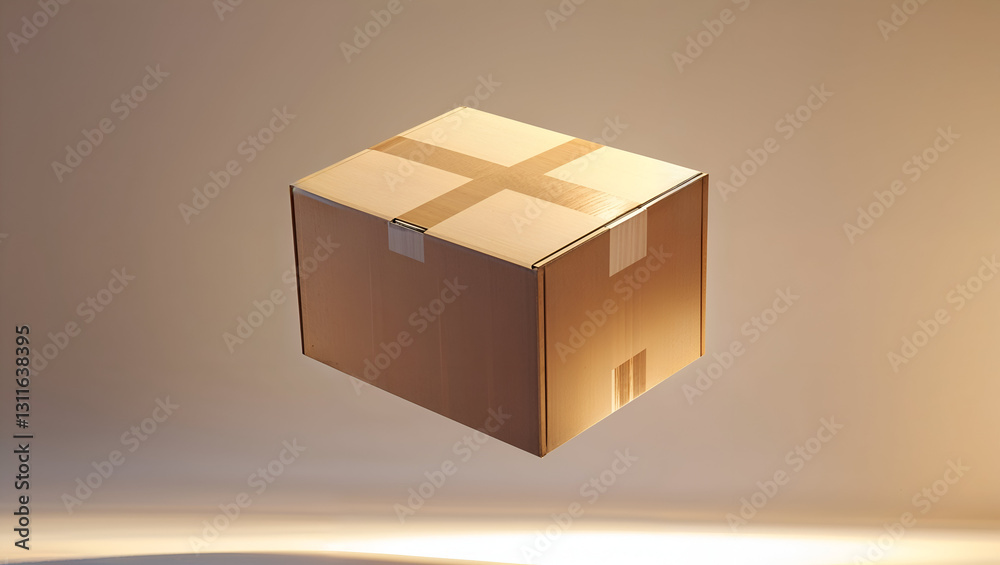 Obraz premium Minimalist Floating Cardboard Box in Warm Gradient Light with Soft Shadows and Reflective Surface Below