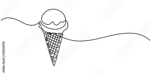 ice cream scoop on waffle cone continuous one line drawing, Ice cream on a stick and in a waffle cone in one continuous pattern. vector illustration,  Black line sketch on white background. Vector pro