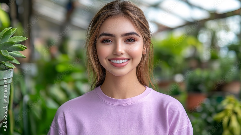 In a lush indoor garden, a smiling woman is surrounded by potted plants In a lush indoor garden, a smiling woman is surrounded by potted plants