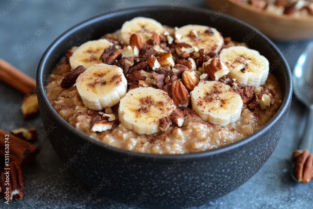 Healthy oatmeal with banana slices and walnuts in a bowl Healthy oatmeal with banana slices and walnuts in a bowl