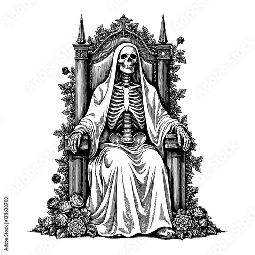 Skeleton Sitting on Throne with Roses Overgrowth Detailed Black and White Outline Line Art Drawing