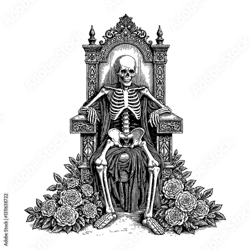 Skeleton Sitting on Throne Surrounded by Overgrowth Roses Flowers Black and White Outline Line Art Drawing