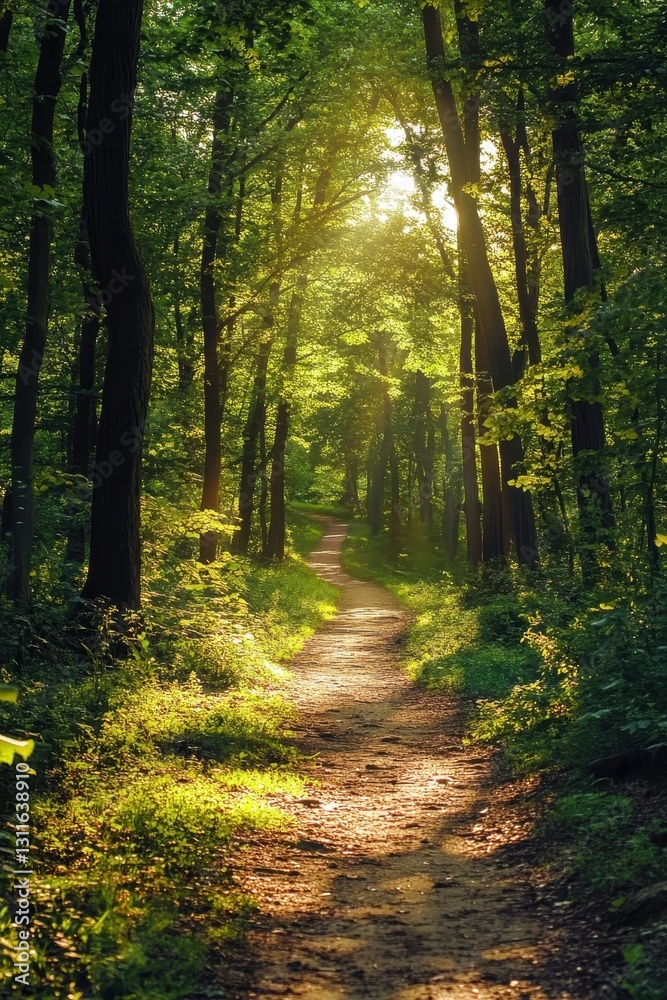Obraz premium Dirt path winding through a sunlit forest, inviting exploration and adventure amidst nature's beauty.