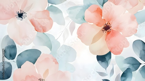 Soft Pastel Floral Watercolor Pattern with Leaves and Blooms