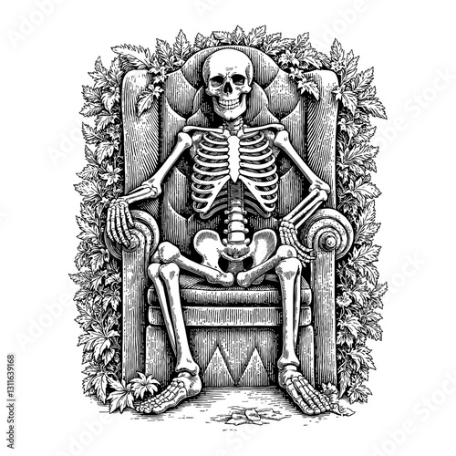 Skeleton Sitting on Throne Surrounded by Overgrowth Vines Detailed Black and White Outline Line Art Drawing