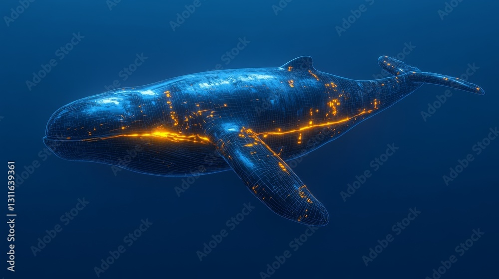 Obraz premium In the mysterious ocean depths, a mechanical whale with glowing lights moves gracefully, embodying a futuristic design