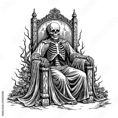 Skeleton Sitting on Throne with Thorny Vines Overgrowth Ornate Black and White Outline Line Art Drawing