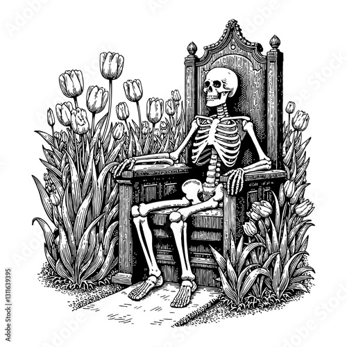 Skeleton Sitting on Throne Surrounded by Tulip Flowers Overgrowth Black and White Outline Line Art Drawing