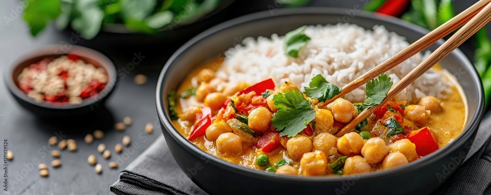 Meal Prep Made Simple with Plant-Based Protein concept. Vibrant Chickpea Curry with Rice and Fresh Herbs Served in a Black Bowl on a Dark Background