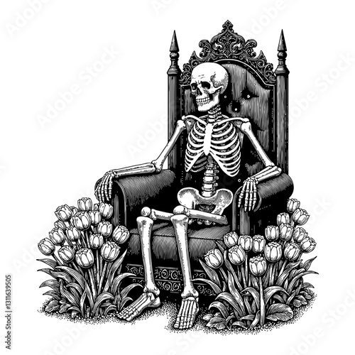 Skeleton Sitting on Throne with Overgrowth Tulip Flowers Vintage Black and White Outline Line Art Drawing