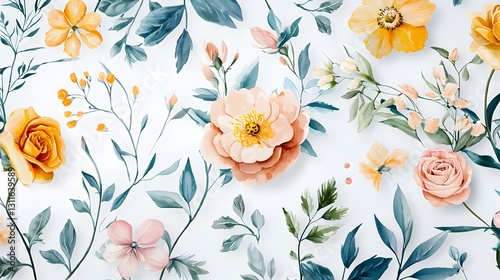 Delicate Floral Pattern with Colorful Blooming Flowers and Leaves