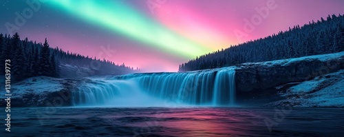 Aurora borealis northern lights concept. A stunning waterfall under the captivating aurora borealis in twilight.