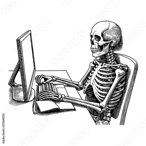 Skeleton Sleeping Exhausted in Front of Desk with Computer Black and White Outline Line Art Drawing