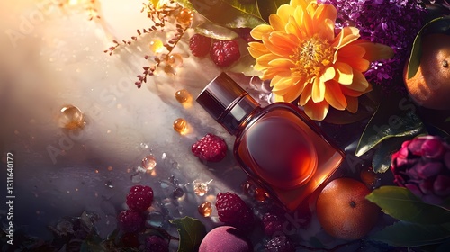 Elegant perfume bottle surrounded by fruits and vibrant flowers