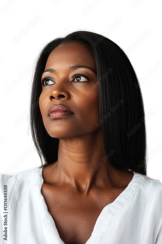 Woman with long hair looking up thoughtfully against a white background, expressing confidence, beauty, and contemplation, perfect for lifestyle and portrait themes. Woman with long hair looking up thoughtfully against a white background, expressing confidence, beauty, and contemplation, perfect for lifestyle and portrait themes.