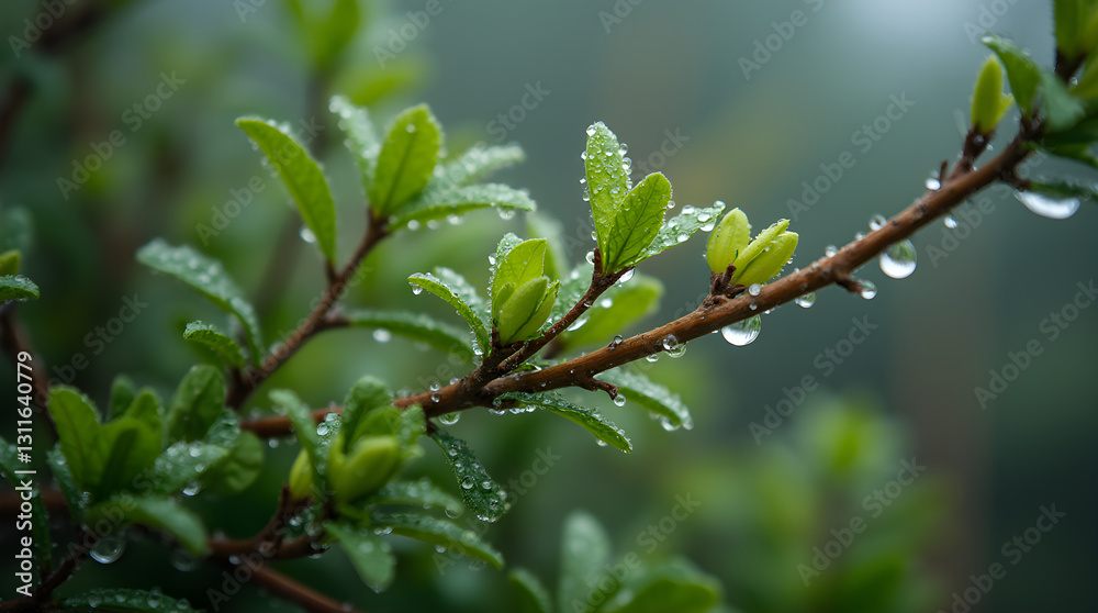 Green Leaves and Water Droplets on Branch - Close-Up Nature Photo