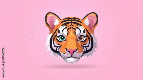 Cute tiger head illustration, pink background.