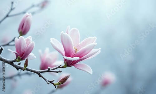 Icy magnolia flowers blooming under a pale blue sky, gentle frost clinging to petals and twigs.