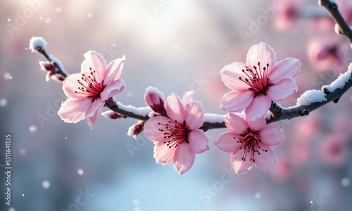 Frost-kissed plum blossoms in early winter, subtle snowfall, soft pastel hues in the background.