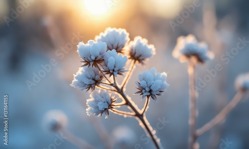 Delicate white flowers covered in frost, glowing under cold morning light, winter serenity.