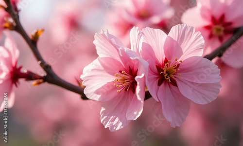 Vibrant pink sakura blooming in a crisp autumn breeze, dewdrops shimmering on petals.
