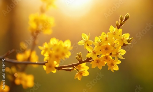 Golden-hued flowers blossoming in warm sunlight, early spring with a soft-focus bokeh effect.