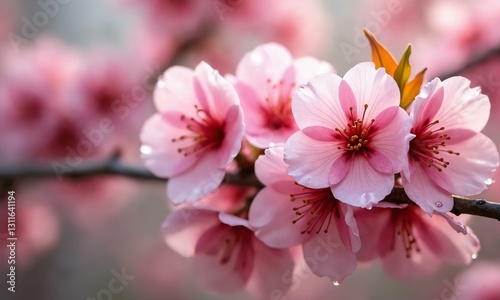 Vibrant pink sakura blooming in a crisp autumn breeze, dewdrops shimmering on petals.