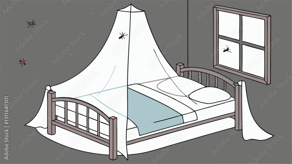 A simple illustration of a bed with a mosquito net draped over it in a dark room.