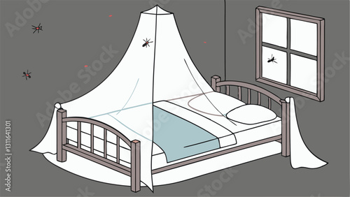 A simple illustration of a bed with a mosquito net draped over it in a dark room.
