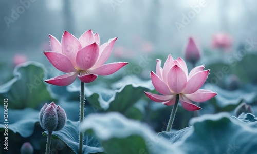 Cool-toned lotus flowers blooming amidst frost, an ethereal blend of winter and floral beauty.