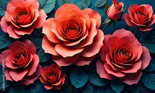 Vibrant paper-cut style roses, deep shadows, rich colors, layered petals, intricate floral patterns.