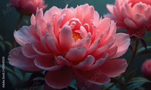 Fantasy-inspired peonies, glowing edges, lush layered petals, dramatic lighting, surreal beauty.