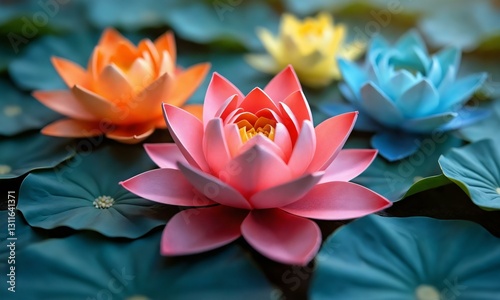 Abstract origami-style lotus flowers, vivid color contrast, dreamlike depth, detailed texture.