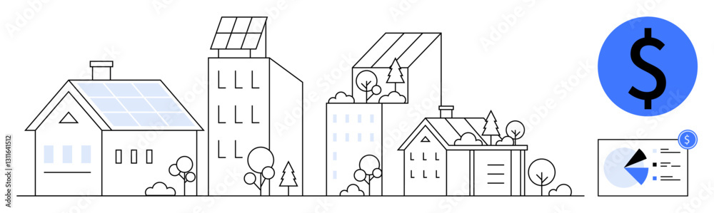 Solar panels on roofs of homes and buildings, sustainable energy and city design. Ideal for renewable energy innovation, sustainability, eco-living, energy savings, community growth, financial Solar panels on roofs of homes and buildings, sustainable energy and city design. Ideal for renewable energy innovation, sustainability, eco-living, energy savings, community growth, financial