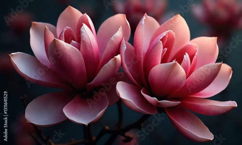 Richly detailed magnolias, deep jewel tones, layered petals, artistic fantasy floral composition.
