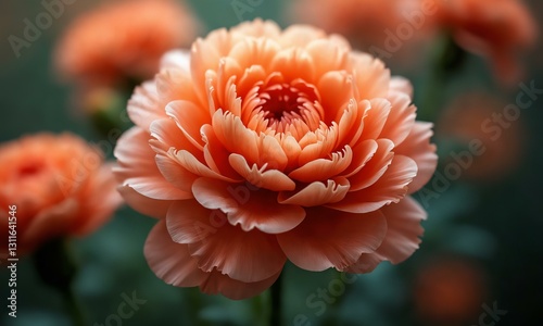 Surreal layered carnations, delicate folds, dramatic lighting, warm and cool color harmony.