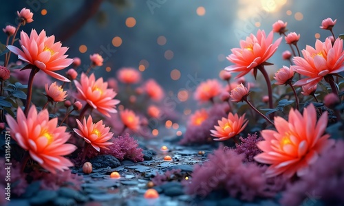 Mystical dahlia garden, paper-crafted aesthetics, soft glowing lights, vibrant fantasy flowers.