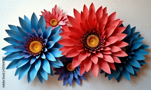 Dreamlike layered chrysanthemums, bold reds and blues, artistic paper-cut texture, soft shadows.