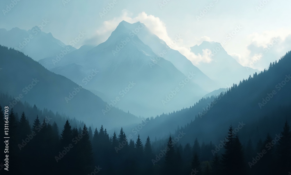 Dramatic mountain peaks covered in mist, dense evergreen forest, cinematic lighting, serene ambiance. Dramatic mountain peaks covered in mist, dense evergreen forest, cinematic lighting, serene ambiance.