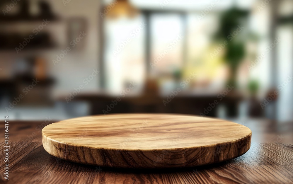 Wooden Round Board on Tabletop in Bright Home Interior Kitchen Backdrop Wooden Round Board on Tabletop in Bright Home Interior Kitchen Backdrop