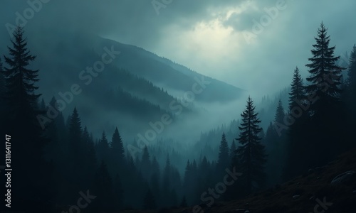 Dark alpine forest with rolling fog, moody lighting, deep contrast, fantasy landscape painting style.