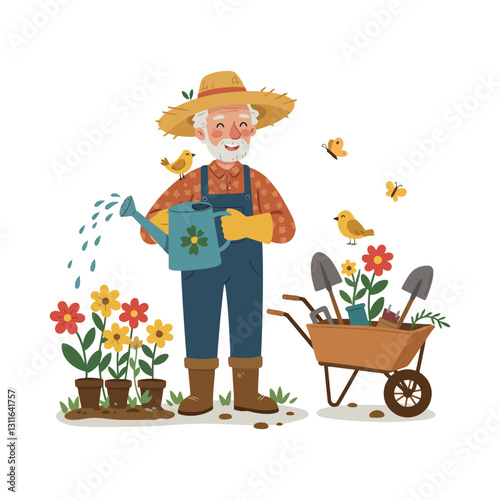 Gardener Watering Flowers with Birds and Wheelbarrow Illustration