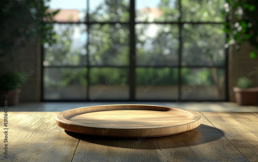 Wooden Tray on Table with Blurred Window Background in Natural Light Wooden Tray on Table with Blurred Window Background in Natural Light