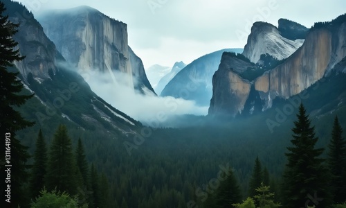 Serene untouched wilderness, towering cliffs, mist swirling between trees, cool atmospheric colors.