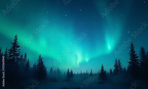 Ethereal aurora borealis above a dense pine forest, twinkling stars, mystical night sky, dreamy atmosphere.