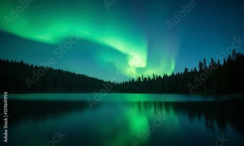 Northern lights dancing over a tranquil forest lake, deep starry night, glowing green and blue aurora.