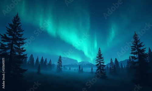 Ethereal aurora borealis above a dense pine forest, twinkling stars, mystical night sky, dreamy atmosphere.